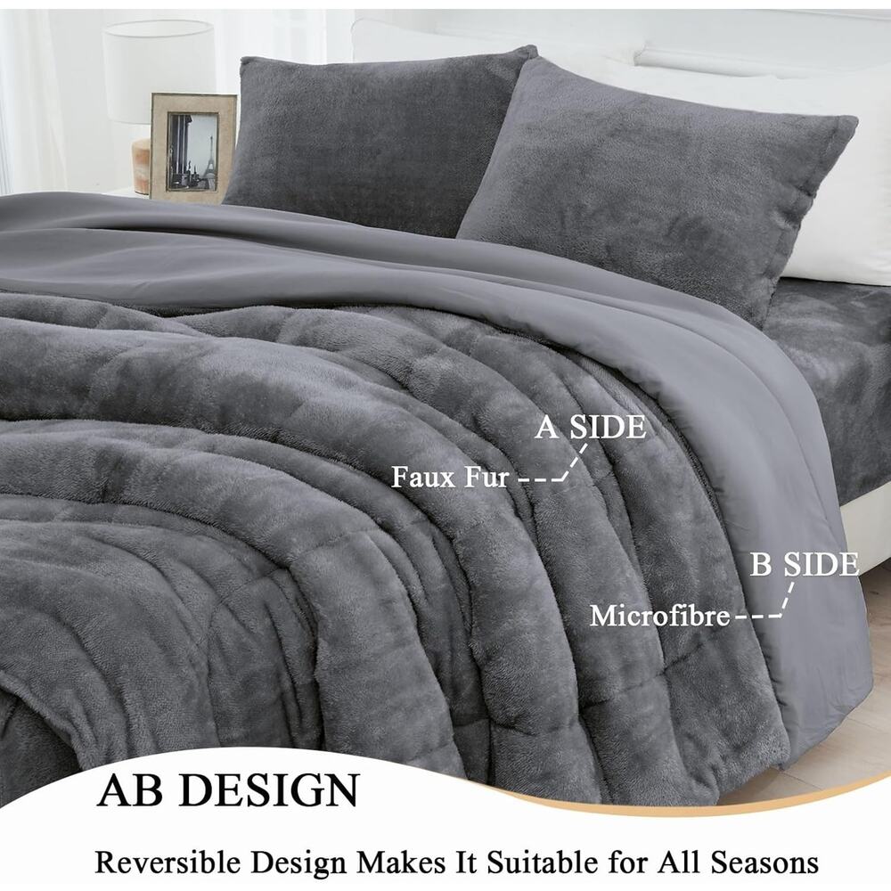 Faux Fur Comforter Set with Fitted Sheet - Luxury Ultra Soft Fluffy Fuzzy Queen - Picture 3 of 6